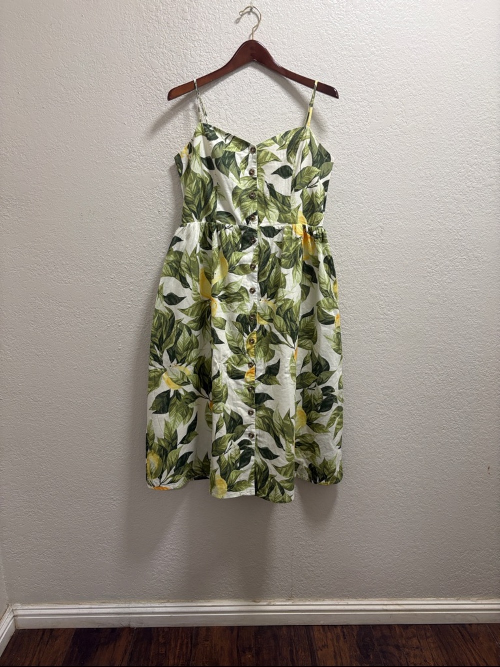 H&M White Midi Sundress with Green Leaf & Yellow Floral Print